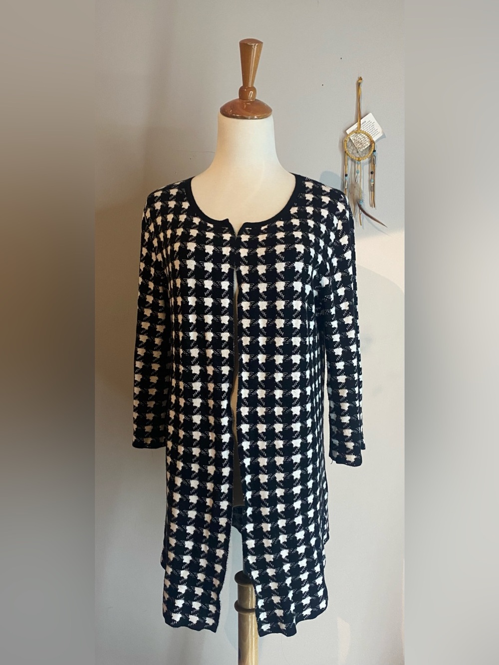Black and White Houndstooth Long Cardigan-Jacket
